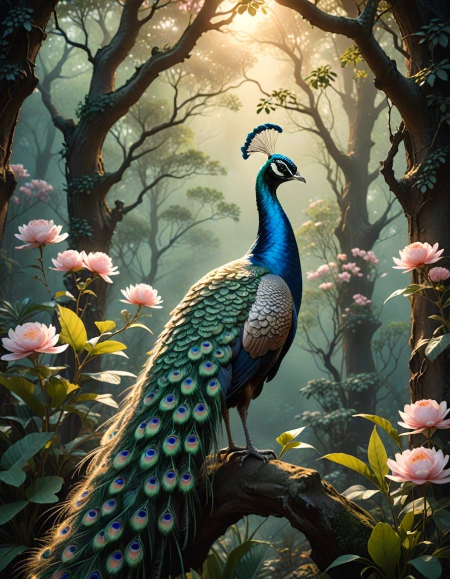 Epic Digital Peacock Painting in Pastel Colors and Intricate...