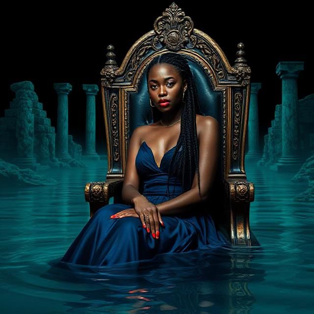 young black woman with braided hair and a lot of red lipstick and nail polish dressed in a navy blue evening gown sittin...