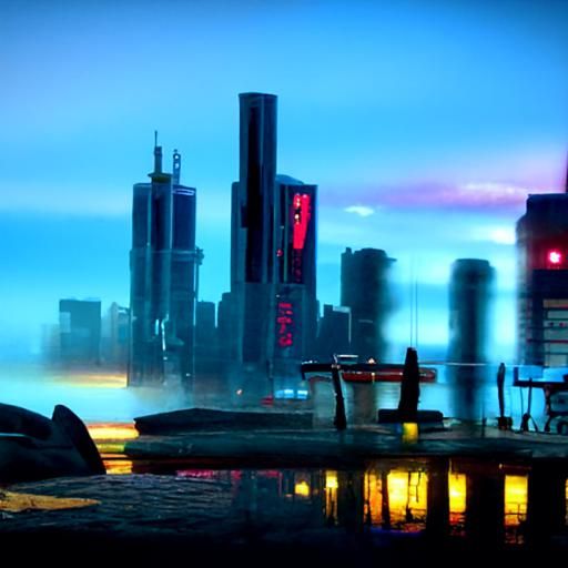 City skyline across the water at sunset