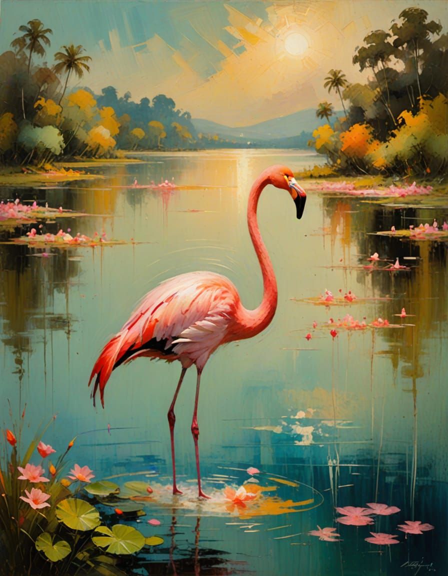 Fleeting Impressionist Whispers, flamingo, lake, colorful oil spatulate, Maurice Sapiro  by @Hugo Raul