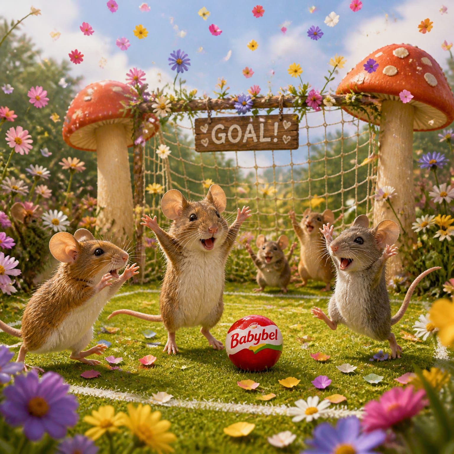A group of real mice, playing football with a babybel cheese ball, celebrating a goal in a whimsical, playing field with goals made of giant...