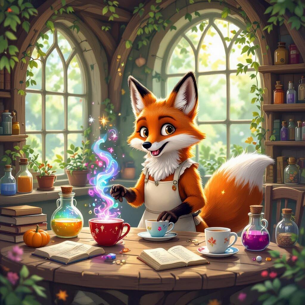 Inside a whimsical woodland café, a mischievous fox in an apron conjures enchanted brews that bubble with colorful magic. Spellbooks and pot...