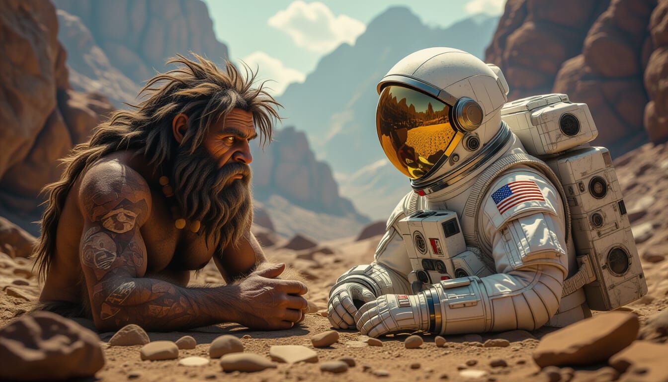 a meeting between a caveman and an astronaut, ...  by @keith