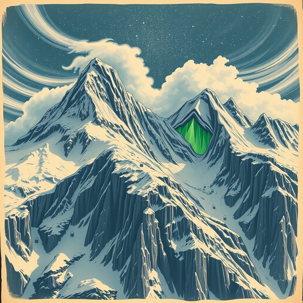 Ethereal Mountain Giant in Vibrant, Lime Green Landscape wit...