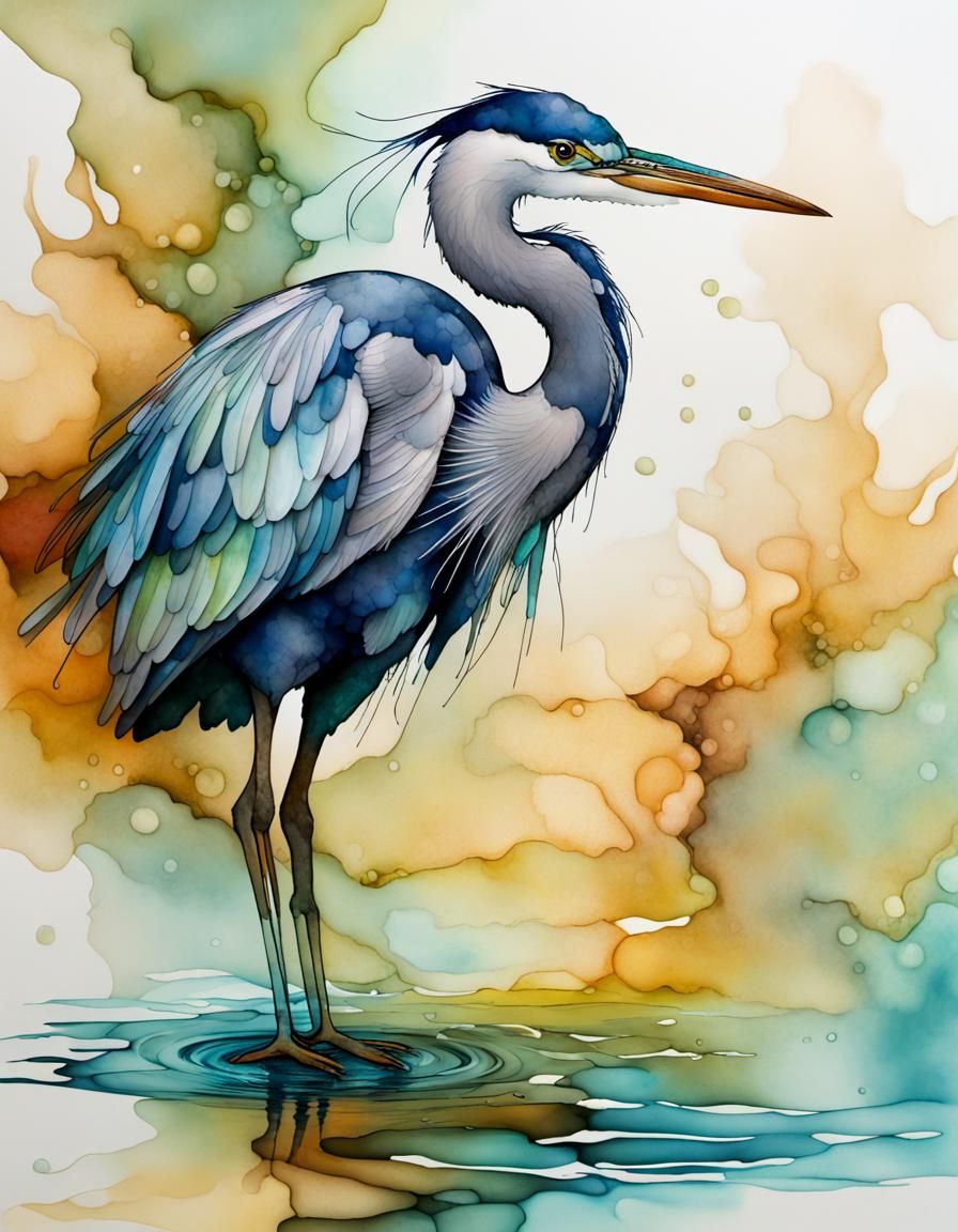 Alcohol Ink Style, heron, water  by @JKT