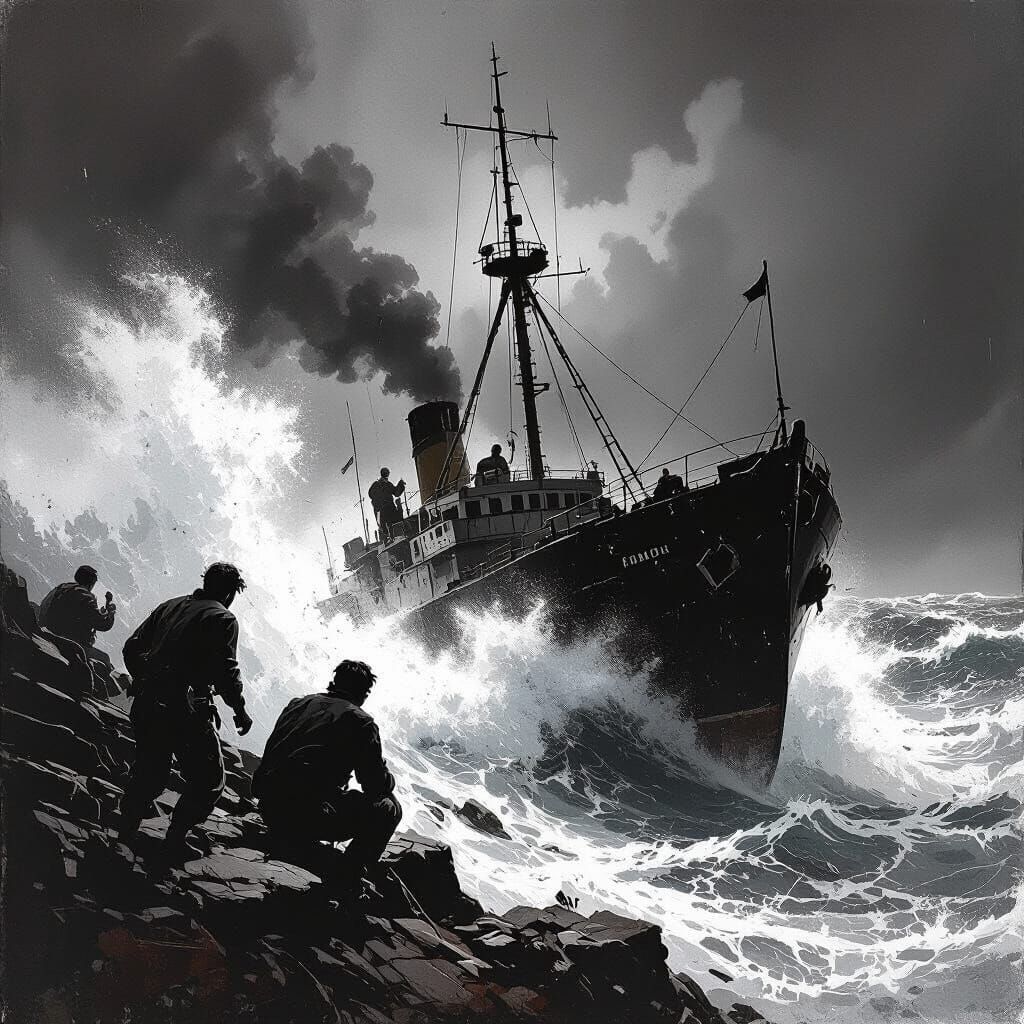 Shipwreck Illustration in Dramatic Black and White