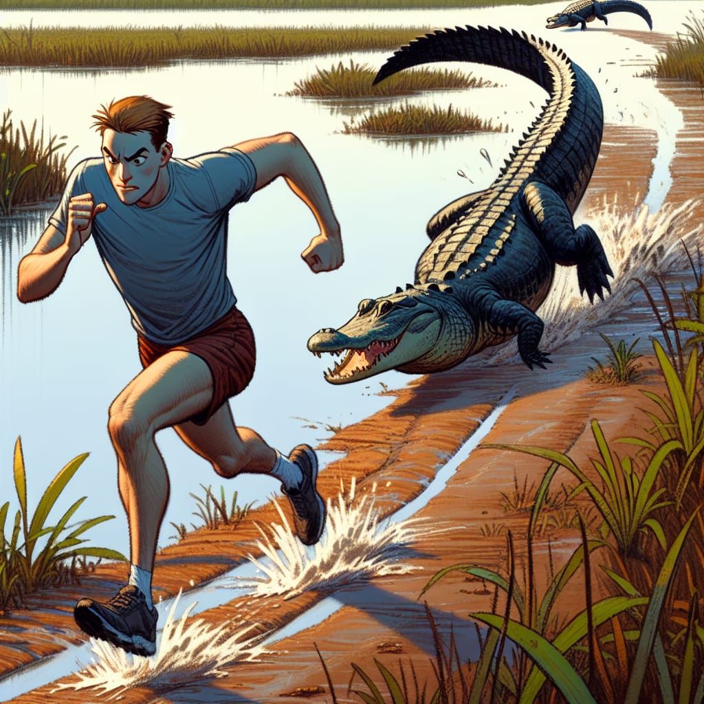 Runner Escapes Alligator Chase on Muddy Path