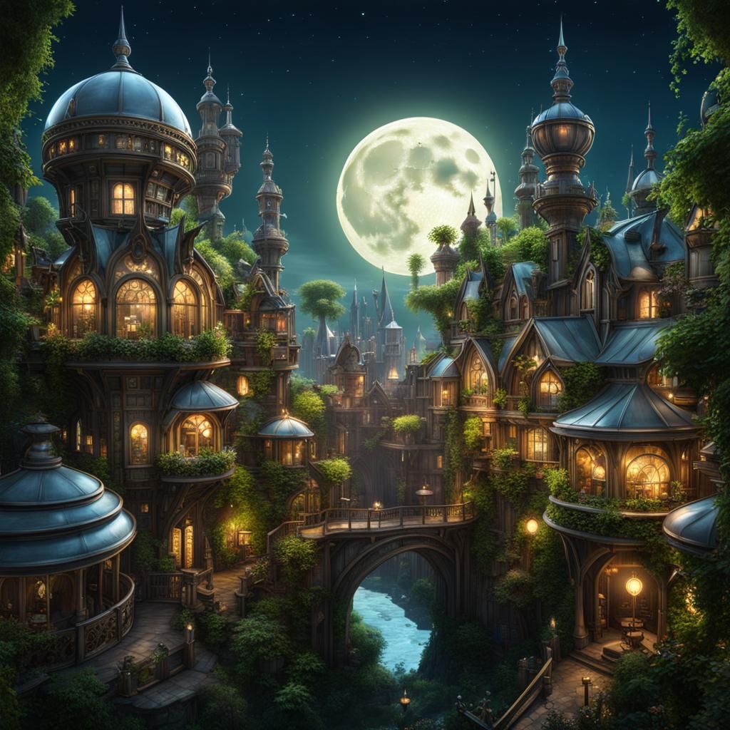 steampunk town with plants