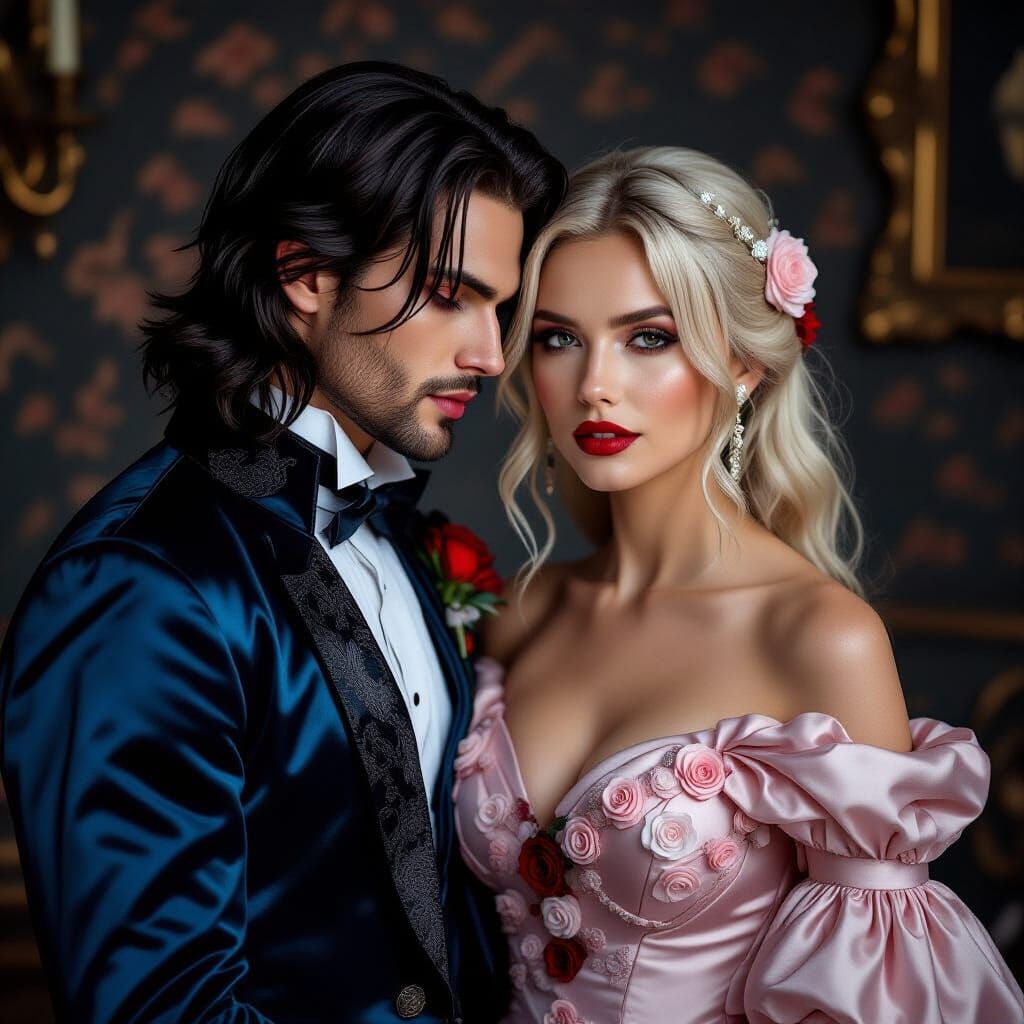 Vampire biting woman's neck, she has ash blonde hair, the woman is wearing a warm peach simple ballgown dress with simple roses attached to ...