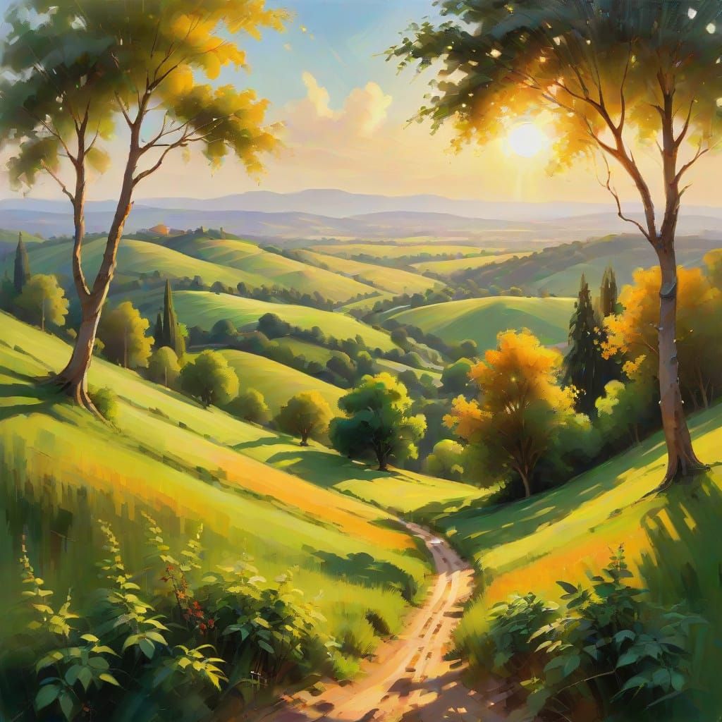Romantic Impressionist Landscape with Golden Hour Lighting