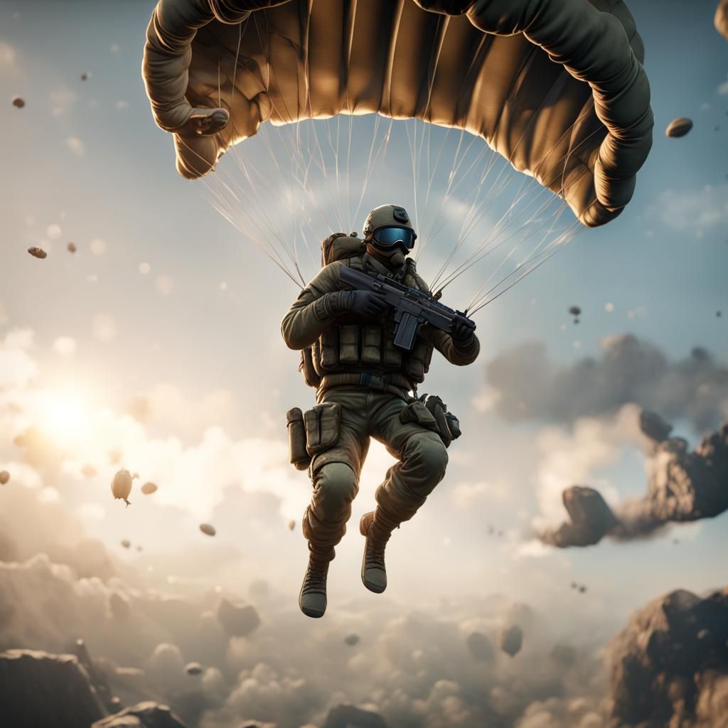 Parachute soldier in air