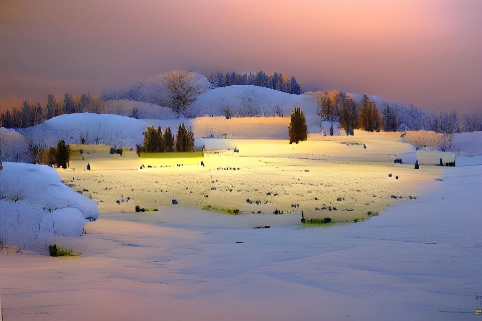 Snow covered meadow at dusk