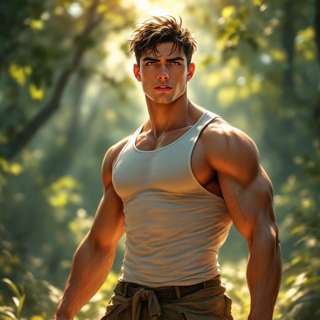 An ultra-realistic anime-style cinematic video showing young male warriors training in a sun-dappled forest clearing. On...