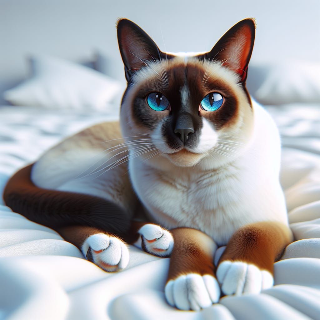 Siamese Cat of Snowshoe breed with white paw tips and green-blue eyes, lying on a white bed, 8k, bright and saturated colors, hyperrealism