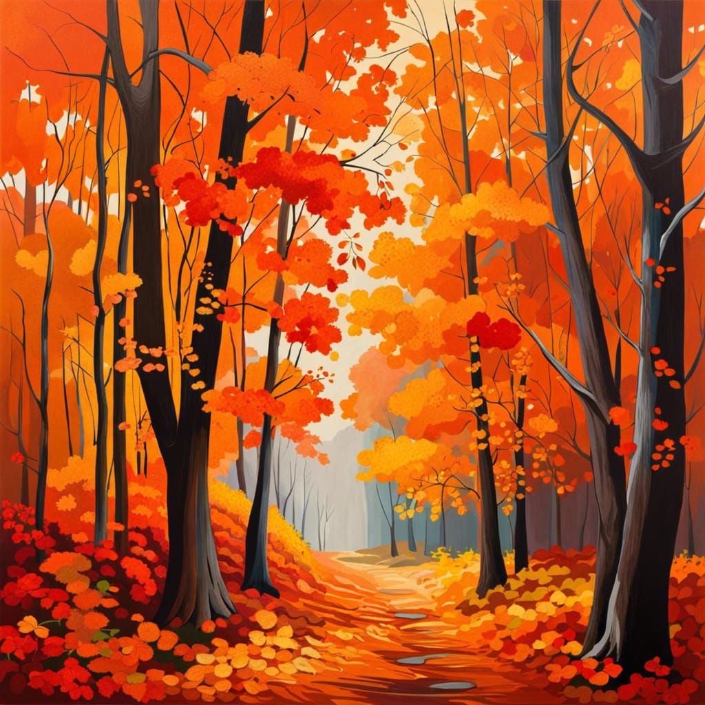 Autumn landscape with trees, orange leaves, orange hues, vib...