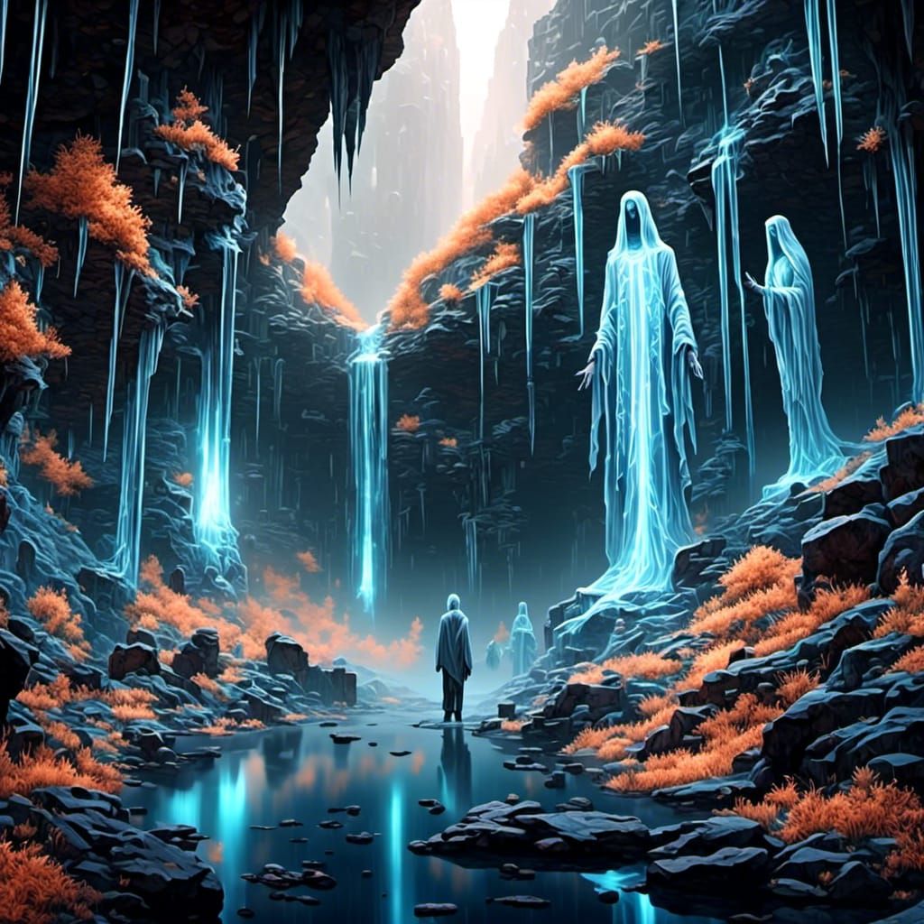 <lora:Ghostly:1.0> We are meeting at the end of all things in a mysterious underground cave with glowing crystals and an underground river,...