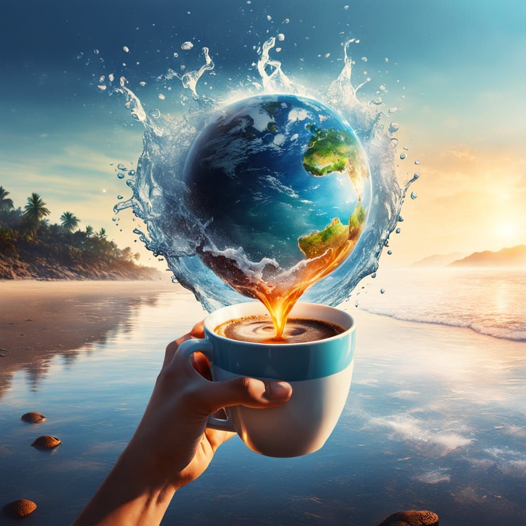 Person Holding Coffee Cup with World Inside
