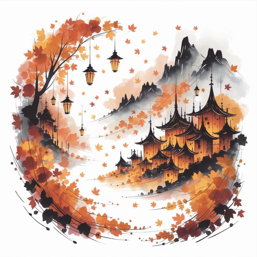 Ethereal Autumnal Village in Watercolour Style