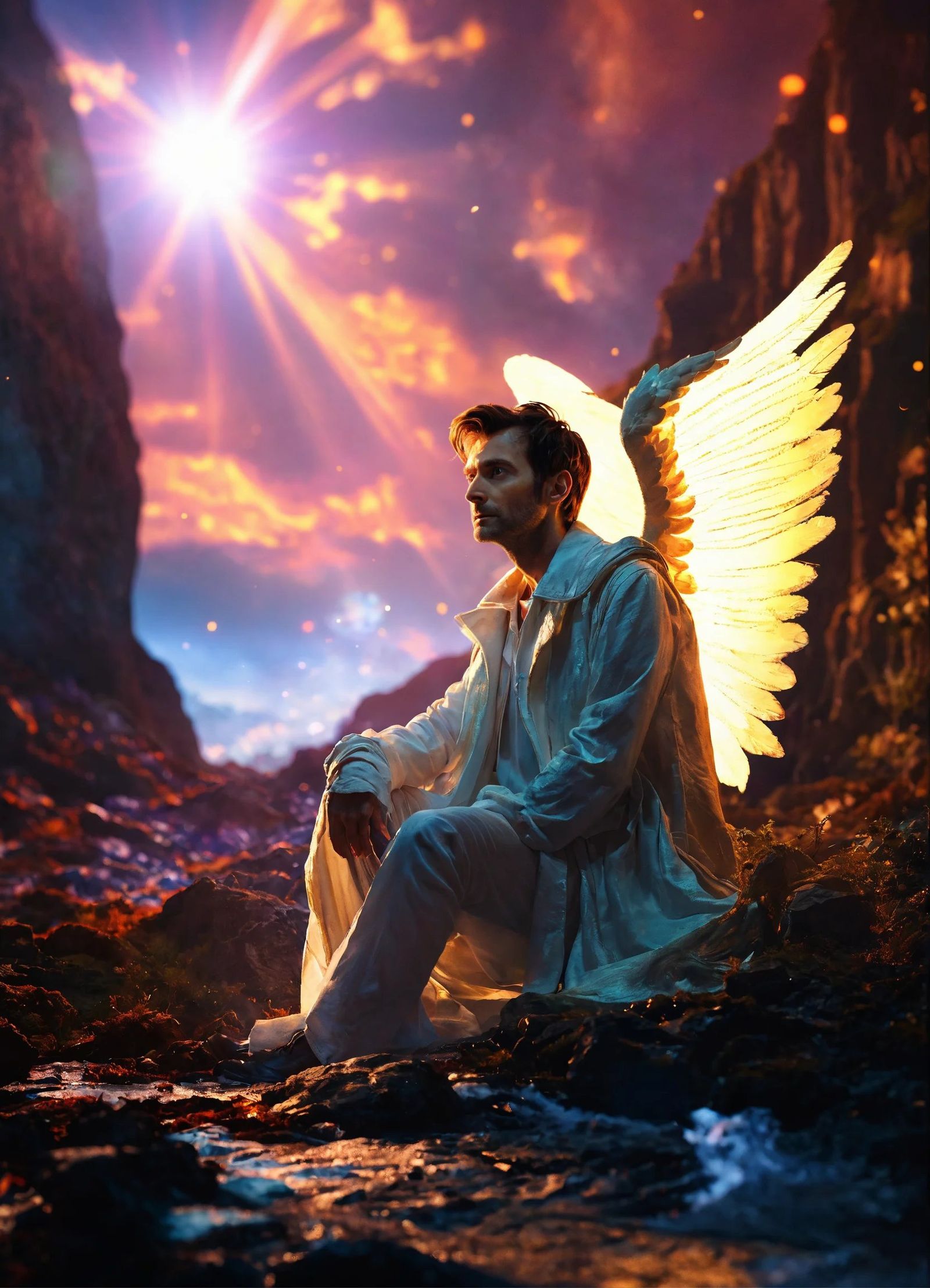 David Tennant as an Angel in fantasy landscape at nebula night.