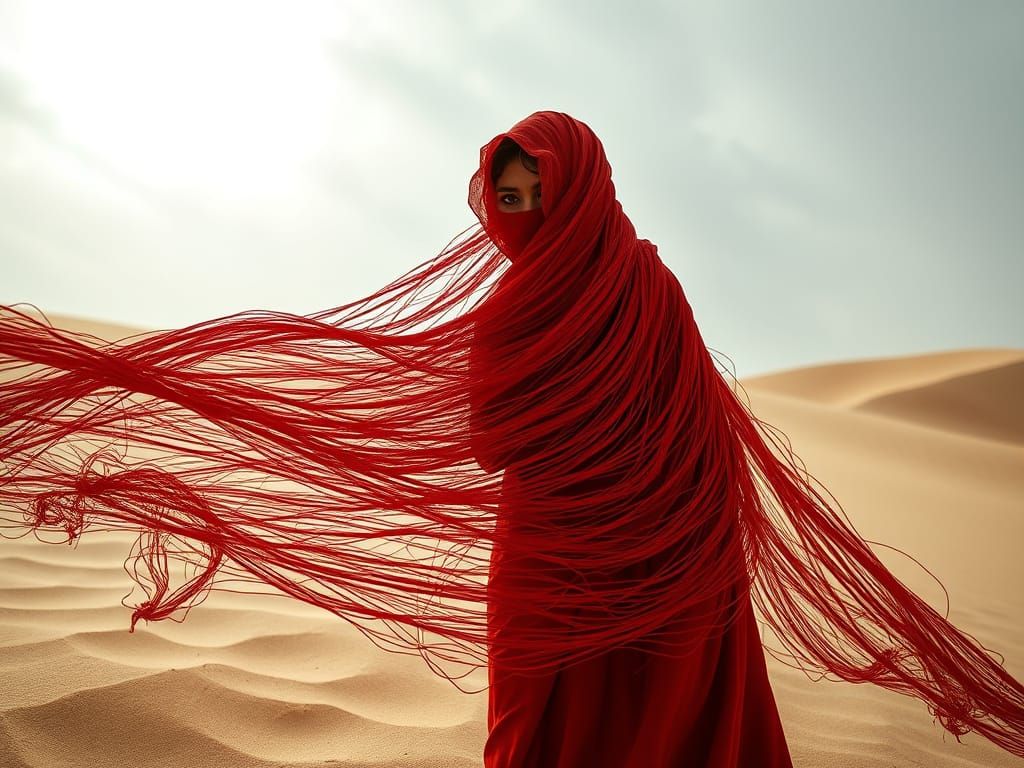 Surreal Middle Eastern Woman in Vibrant Red Burka Amidst Twi...