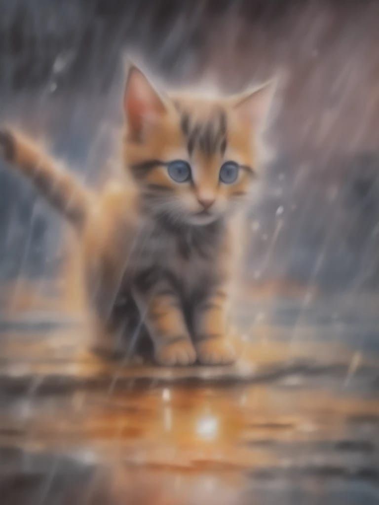 Kitten getting lost in heavy rain