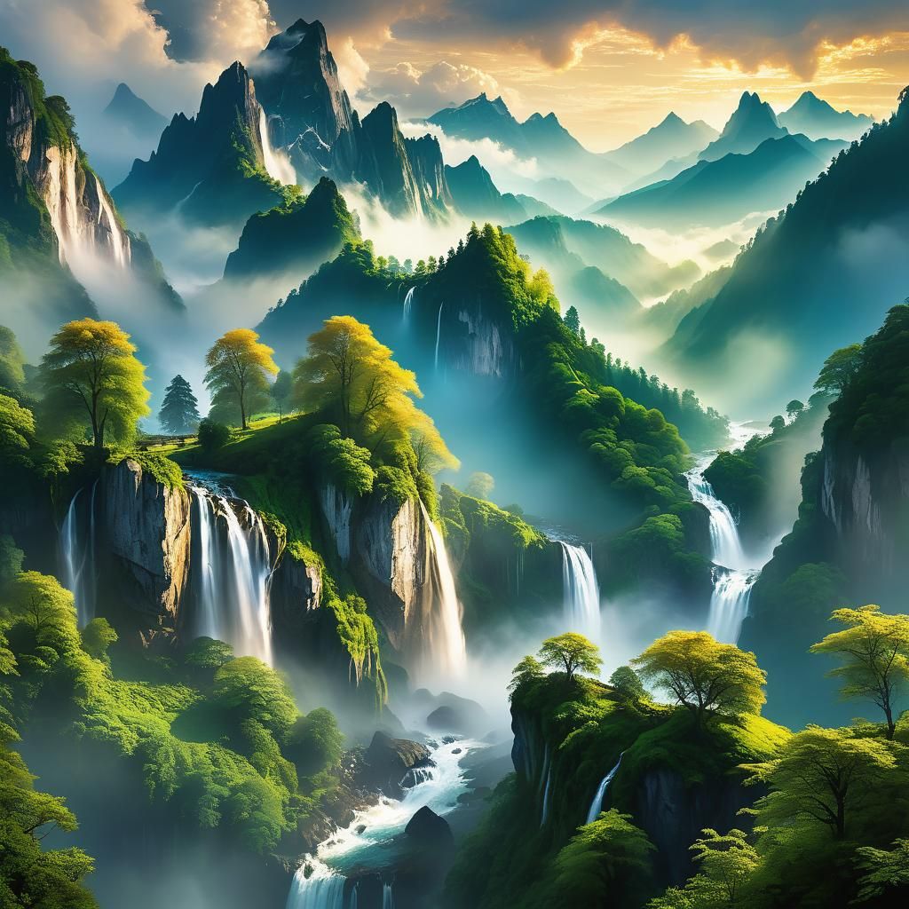 Misty Mountains Serene Fantasy Landscape