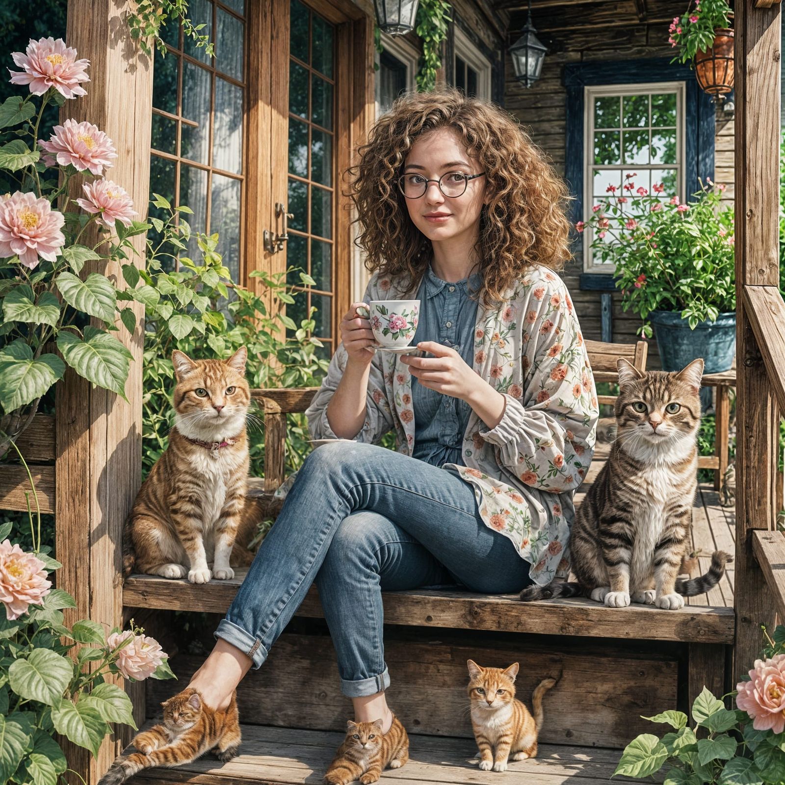 watercolor illustration of An young woman with curly hair and round glasses, sitting on a wooden porch ...  by @Jano