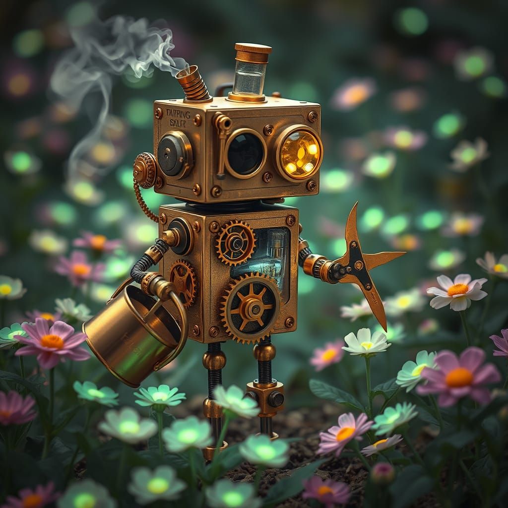 A whimsical steampunk automaton composed of square gears, brass plates, and glass vials, stands in a ...  by @Markeeta Reeves