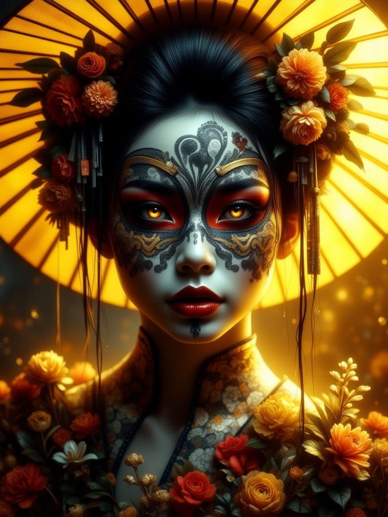 Geisha Bride Veil Portrait in Monochrome Gold