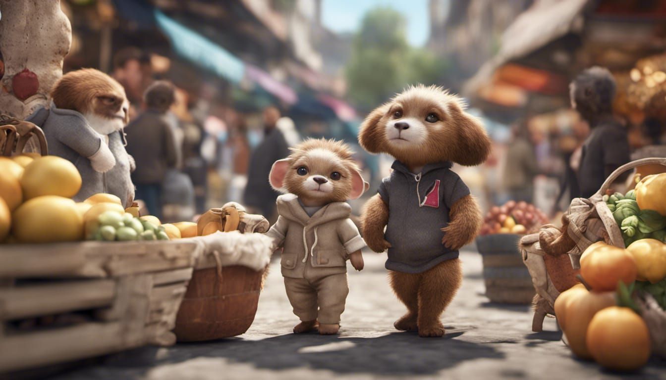 A busy open market, intelligent animals are the vendors, chi...