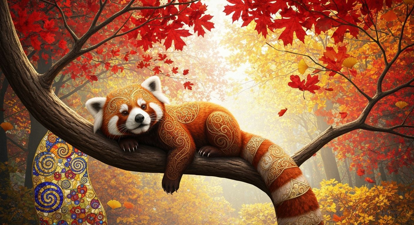A magnificent red panda, anthropomorphic and serene, lounges luxuriously on a gnarled, ancient cherry ...  by @JuiceBox