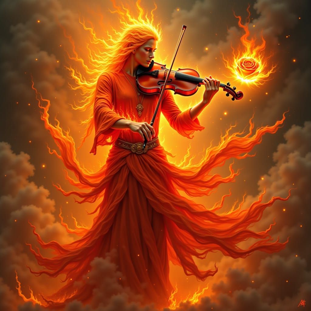 a violinist of fire with a rose of fire on a fire atmosphere <lora:The Fire of Red:1.0>