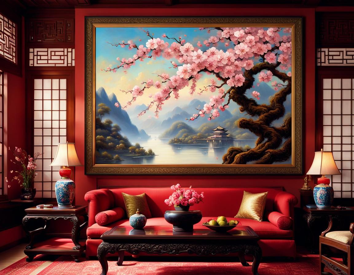 Beautiful Asian living room with a gorgeous Cherry blossoms branch in a big vase, perfect composition, Lunar new year, o...