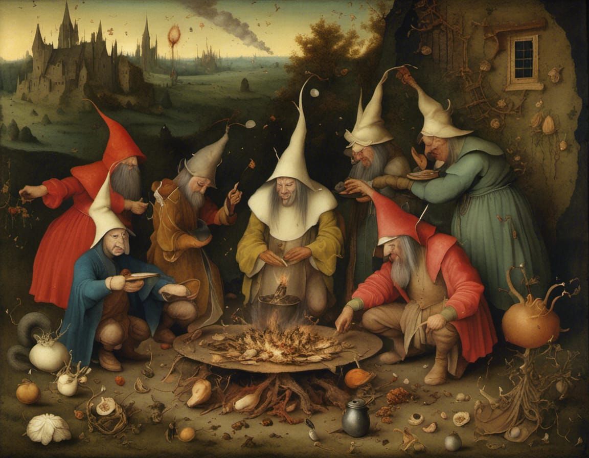 <lora:NC Hyperreal:1.0> Hieronymus Bosch style: Wizards gath...