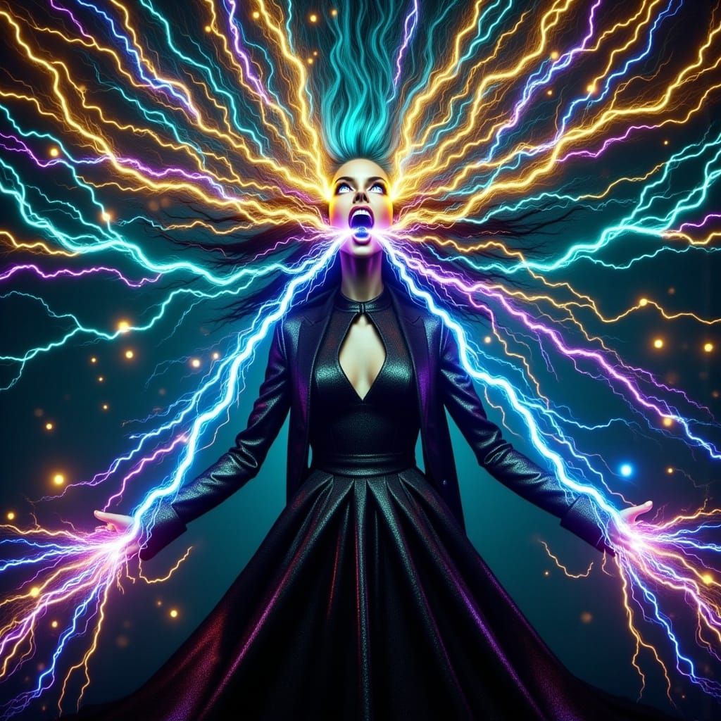 <lora:Electrifying:1.0>A woman in a long, electrifying black oversized dress, with big deep electrifying eyes, long turquoise electrifying h...