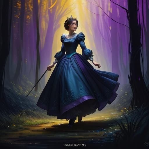 cinderella wearing a huge ballgown running away into a dark ...