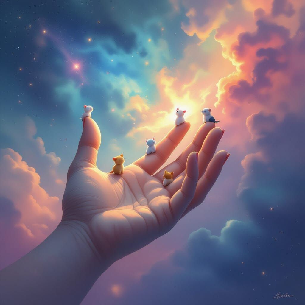 Surreal Dreamscape with Giant Hand and Cute Animals