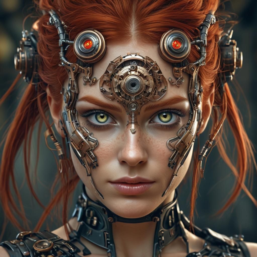 A beautiful red haired woman with cybernetic eyes and enhanc...