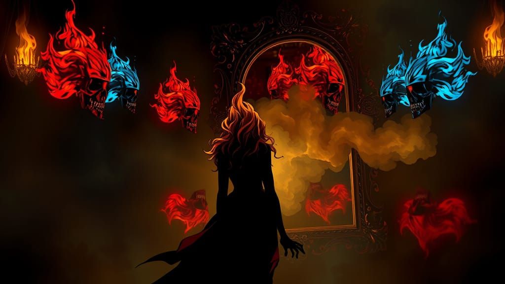 A dark room bathed in flickering light.