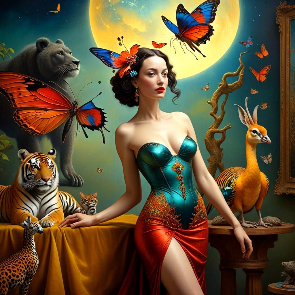 Extravagant Woman with Surreal Animals in Dreamlike Scene