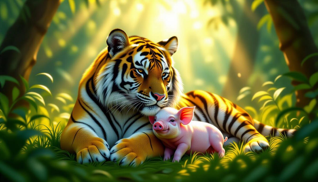Tiger and Pig
A majestic tiger lying in a lush jungle clearing, with a tiny piglet cuddled against its side, both glowing in shafts of golde...