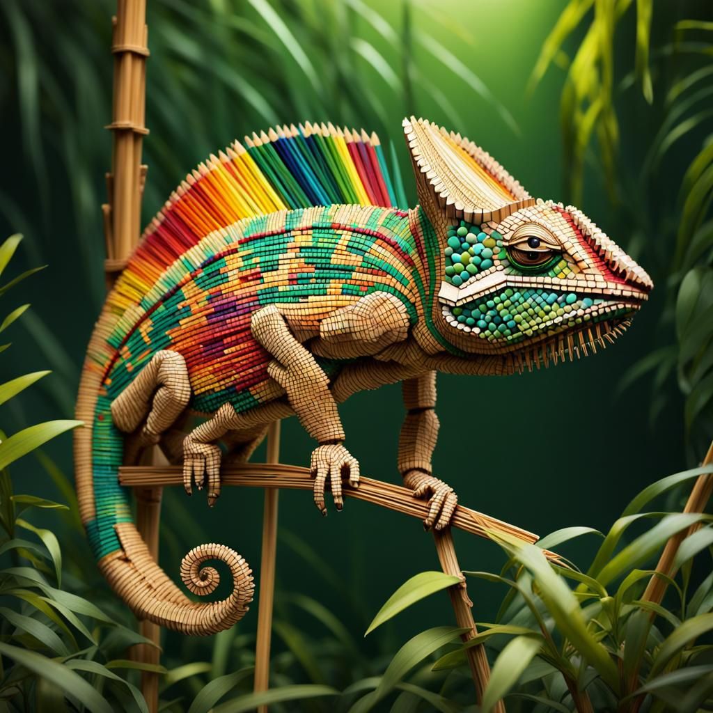 Chameleon made of pencils and matchsticks   by @Charmin
