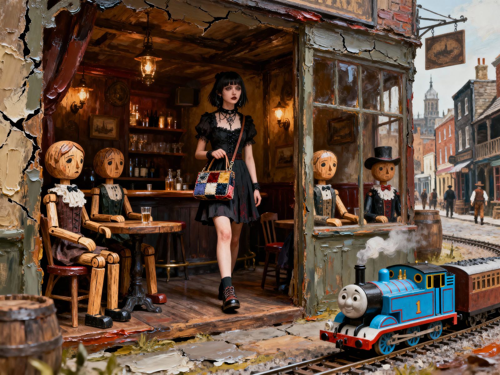 Emo Gothgirl in Rustic Tavern with Victorian Dolls