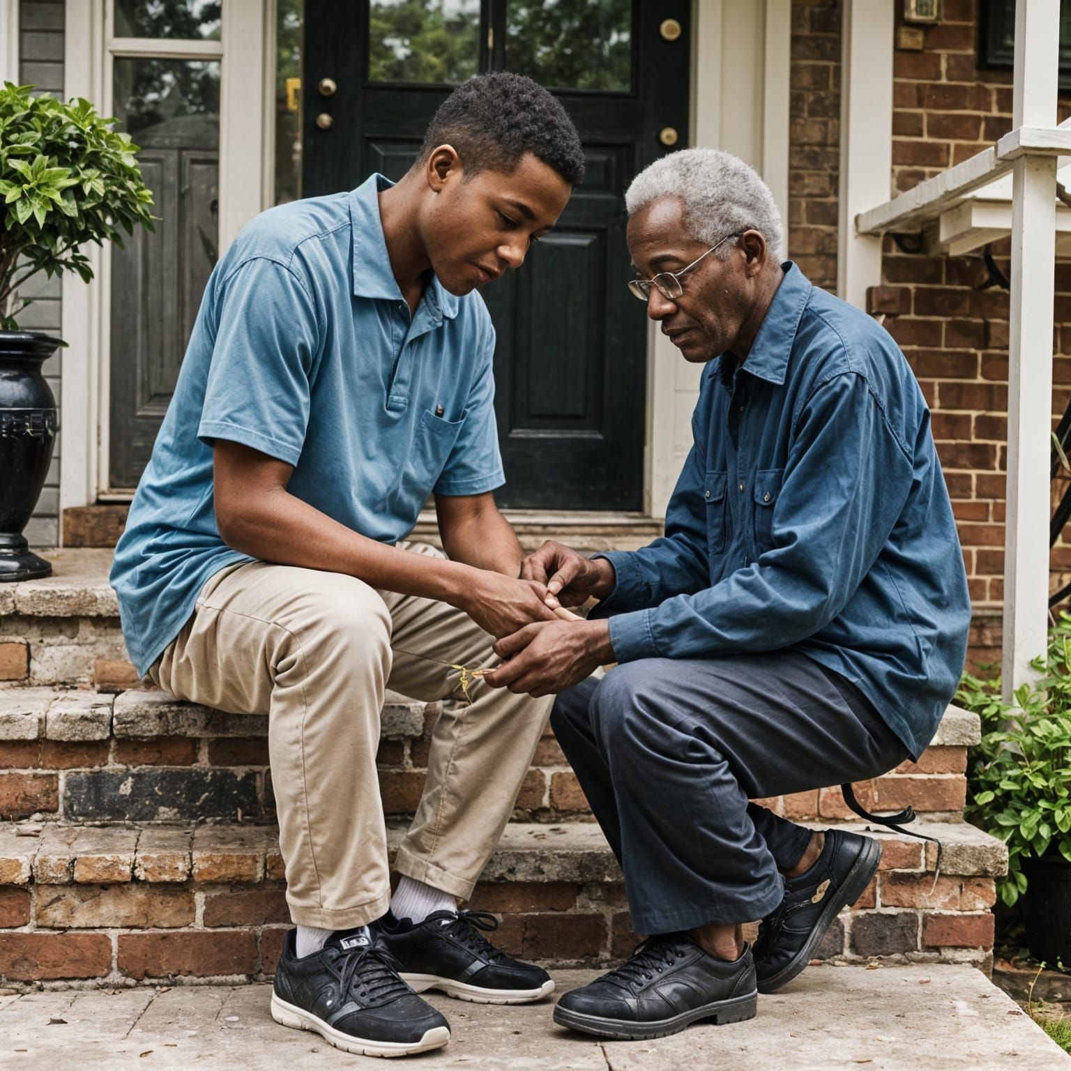 A young teenager sits on the front steps of his home, as  his 85-year-old grandfather takes his hands and prays for him.