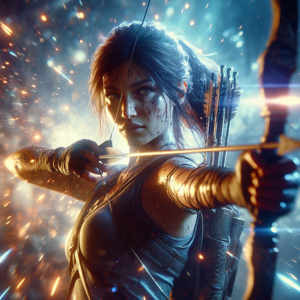 Lara Croft using bow and arrows