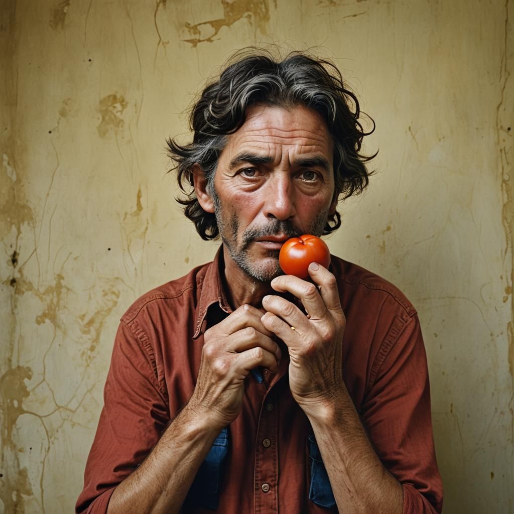 a red tomato playing a yellow harmonica