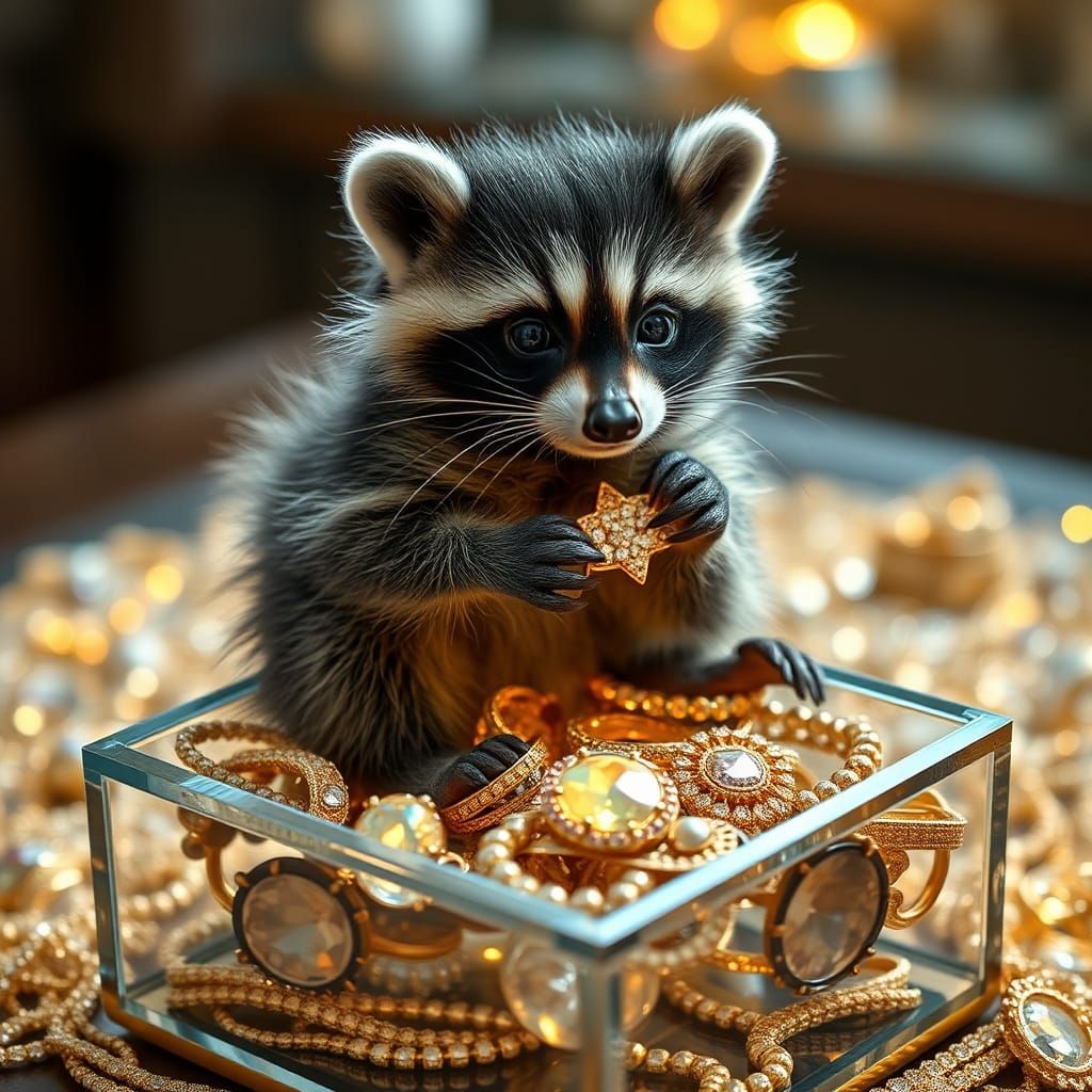 Baby racoon trying out jewelry   by @Zefria