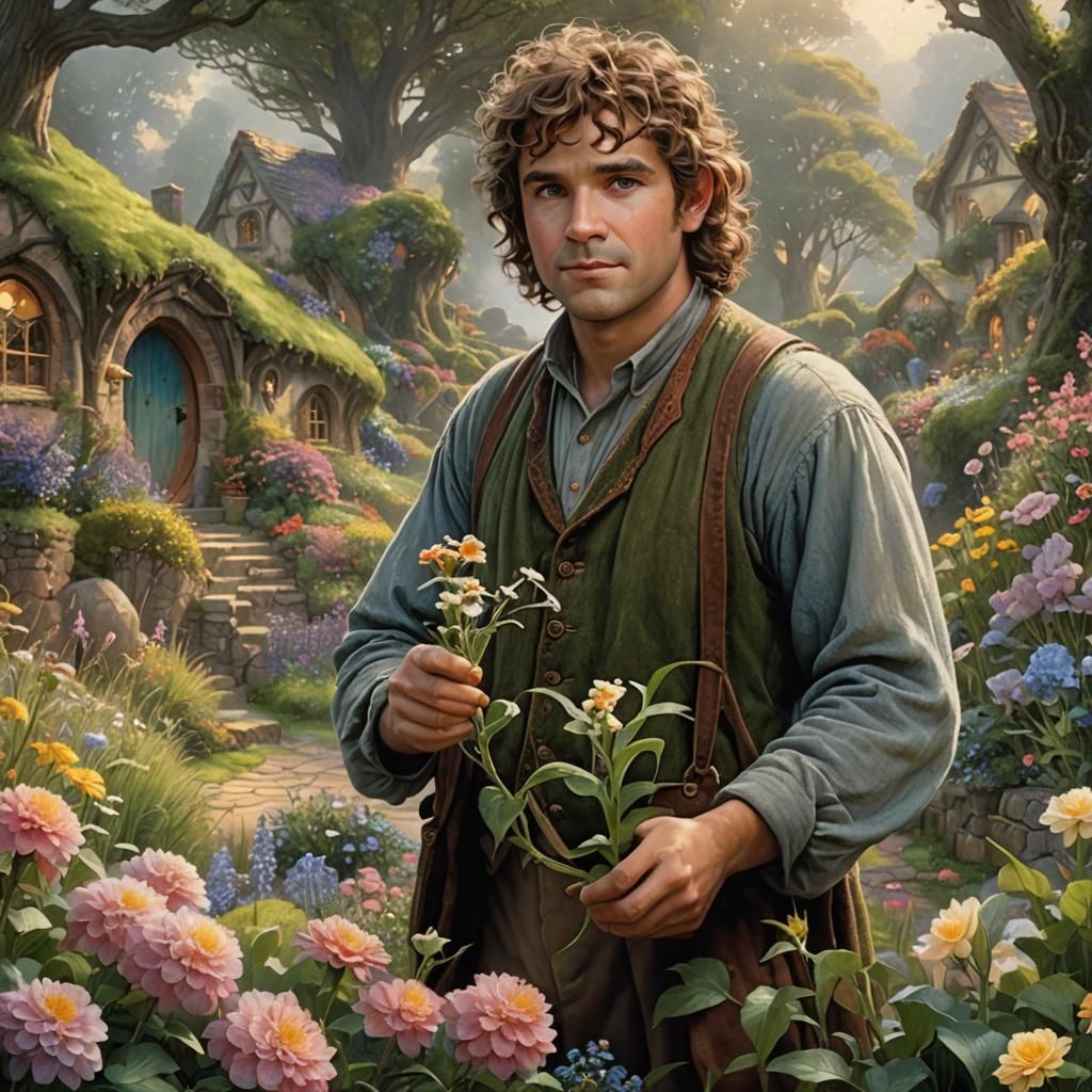 Hobbit male, curly hair, clean shaven, holding flower, garde...