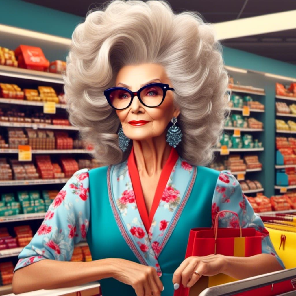  <lora:Eighties Big Hair:1.0> elderly lady with big hair at the store 
