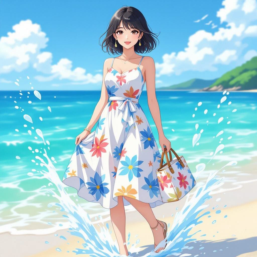 Thailandese Woman on Beach with Water Print Dress